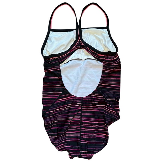 EUC Nike Racerback One-Piece Swimsuit – Black & Hot Pink Striped – Size 12 - Picture 2 of 4